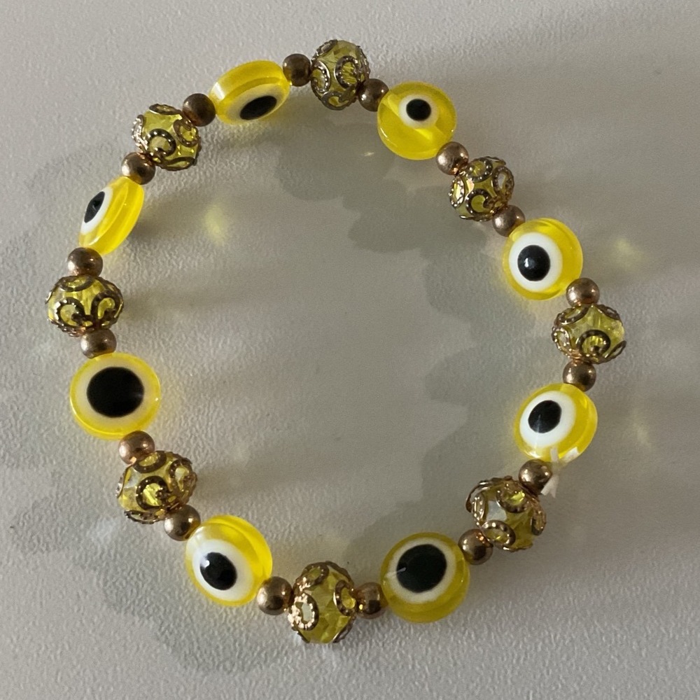 Alex and Ani‎ Yellow Evil Eye Beaded Stretch Bracelet Gold Tone Filigree NWOT